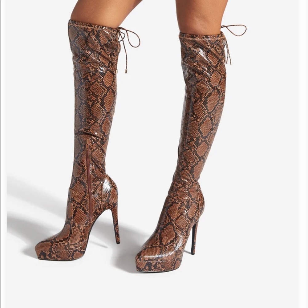 Platform stiletto over the knee boots in snake